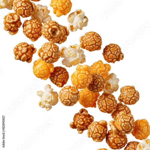 Caramel and white popcorn scattered on a warm beige background