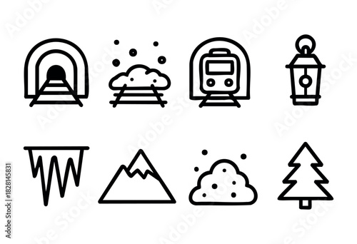 Various icons represent a tunnel, train tracks, a train, an ice structure, mountains, snow, and a tree in a simple, minimalist design, reflecting nature and transportation themes
