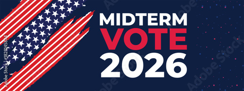 Midterm Vote 2026 Banner with Diagonal USA Flag Theme and Patriotic Colors