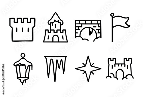 Simple line art illustrations depict winter castle themes with elements like towers, flags, lanterns, and icy details. The designs are minimal yet charming, focusing on winter motifs.