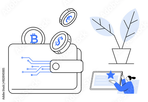 Wallet with Bitcoin and dollar coins, plant symbolizing sustainability, user interacting on tablet. Ideal for finance, cryptocurrency, sustainability, technology, savings, eco-conscious growth