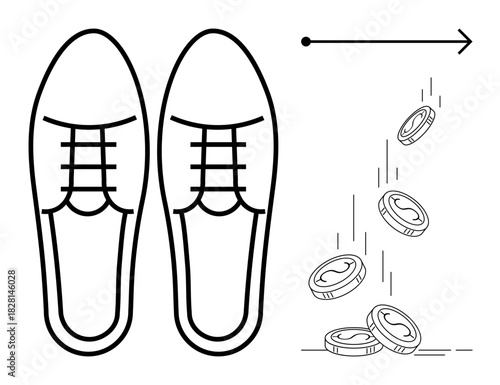Pair of elegant dress shoes, falling coins, and an arrow suggesting spending, investment, progress, or career opportunities. Ideal for finance, economy, business cost growth success simple flat