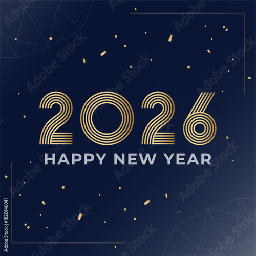 Elegant 2026 Happy New Year design with golden, abstract line art typography on a sophisticated dark blue background. Perfect for premium greeting cards, banners, and web.