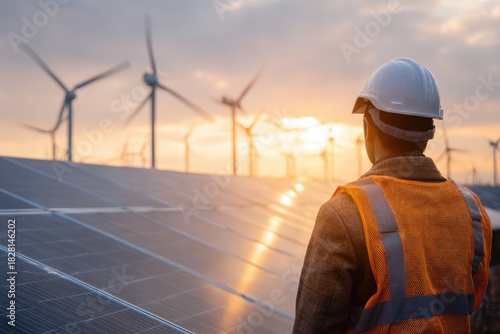An engineer in a reflective safety helmet inspects solar panels under bright sunlight, with wind turbines spinning in the background, creating a vibrant, optimistic atmosphere