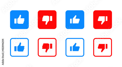 Like dislike buttons. Blue and red square thumb buttons for feedback and rating vector. Clear approve and reject gestures for UI choice sign. Simple reaction options for social interfaces pictogram.