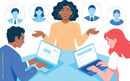 Illustration of a virtual meeting with diverse participants and laptops