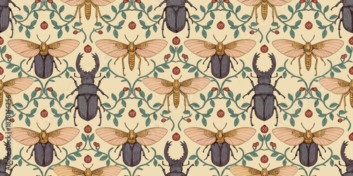 Seamless vintage pattern with stag beetles, moths, and rose hips in eggplant, gold, and teal on cream. Folk art botanical textile design.