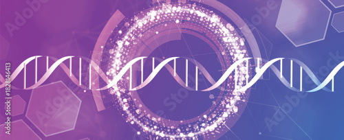 Futuristic hexagons, DNA strands, connected neural web, medical and science background