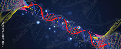 Futuristic hexagons, DNA strands, connected neural web, medical and science background