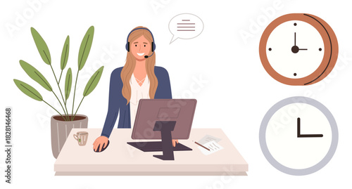 Female customer support agent with headset, viewing computer screen, with clocks and plant. Ideal for customer service, time management, remote work, communication, focus, productivity support team