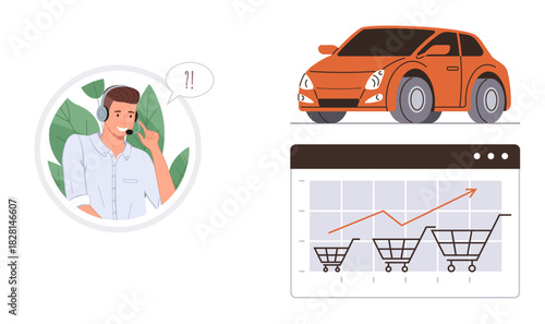 Customer service representative wearing a headset, graph with shopping carts showing sales growth, red car. Ideal for business, e-commerce, sales, customer service, marketing, analysis dealership