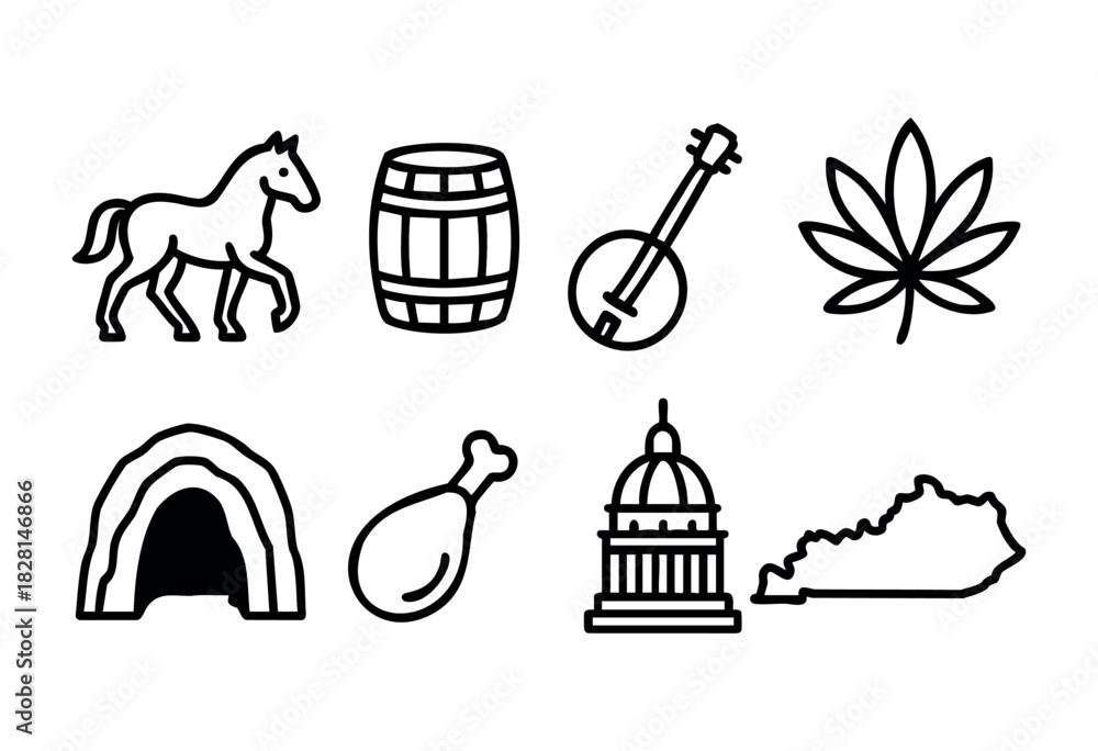 Obraz premium Kentucky state icons in bold line style: horse, barrel, banjo, leaf, horseshoe, chicken leg, capitol building, and state outline.