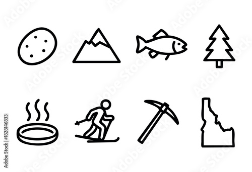 Idaho state icons in bold line style: potato, mountain, trout, pine tree, hot spring, skier, mining pickaxe, and state outline.