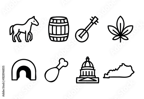 Kentucky state icons in bold line style: horse, barrel, banjo, leaf, horseshoe, chicken leg, capitol building, and state outline.