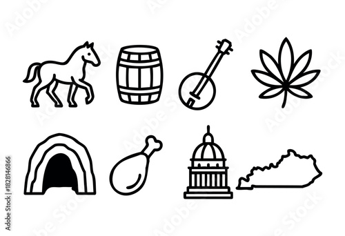 Kentucky state icons in bold line style: horse, barrel, banjo, leaf, horseshoe, chicken leg, capitol building, and state outline.
