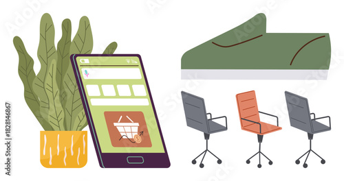 Smartphone with shopping cart app, green shoe, decorative potted plant, and three office chairs. Ideal for e-commerce, digital lifestyle, interior decor, coworking, business trends eco-living