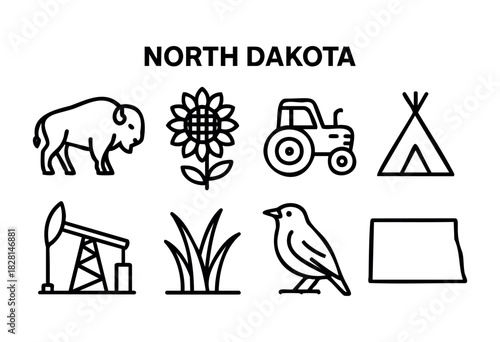 North Dakota state icons in bold line style: bison, sunflower, tractor, tipi, oil pump, grass, bird, and state outline.