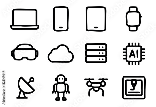 Technology icon set in simple bold-line style: laptop, smartphone, tablet, smartwatch, VR headset, cloud, server, AI chip, satellite, robot, drone, and 3D printer.