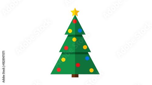 A minimalist Christmas tree with colorful ornaments and a golden star on top against a clean white background, showcasing festive dekoration for the holiday season.