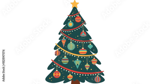 A colorful Christmas tree decorated with ornaments and lights on a white background, showcasing festive dekoration for the holiday season.