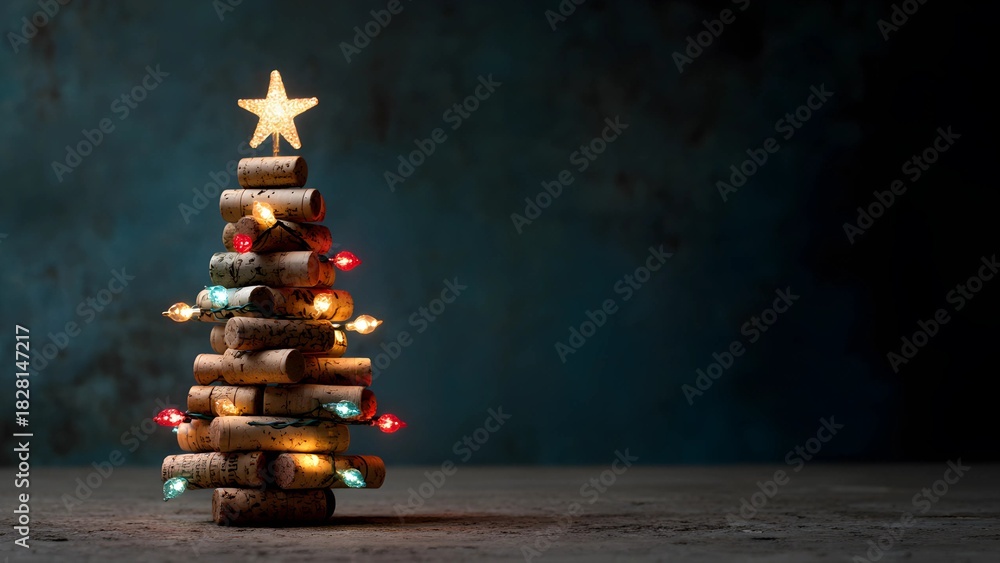 custom made wallpaper toronto digitalChristmas tree crafted from recycled wine corks, illuminated with small, colorful lights and topped with a star. Wine tree festive holiday background. 