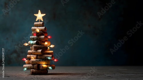 Christmas tree crafted from recycled wine corks, illuminated with small, colorful lights and topped with a star. Wine tree festive holiday background. 