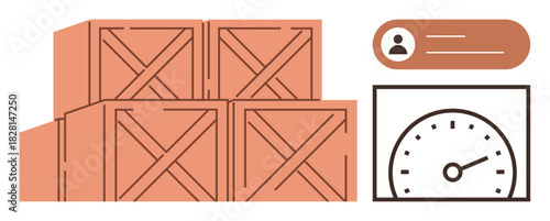 Wooden crates stacked in warehouse, user profile indicator and gauge showing performance metrics. Ideal for logistics, inventory, supply chain, productivity, monitoring, operations, shipping simple