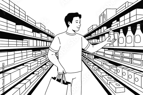 Man in supermarket aisle holding shopping bags and examining a product bottle