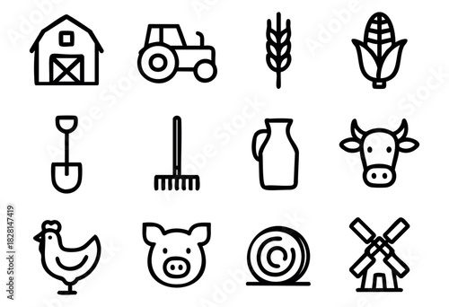 Set of farming icons in simple bold-line style: barn, tractor, wheat, corn, shovel, rake, milk jug, cow, chicken, pig, hay bale, windmill.