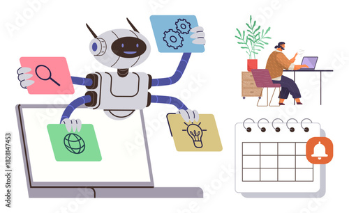 Robot handling varied tasks on a laptop, showcasing innovation in automation, with a remote worker seated at a desk nearby and a digital calendar signaling an alert. Ideal for AI processes
