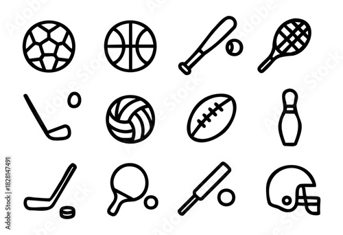 Set of ball sports icons in simple bold-line style: soccer ball, basketball, baseball bat, tennis racket, golf club, volleyball, rugby ball, bowling pin, hockey stick, ping pong racket, cricket bat, h