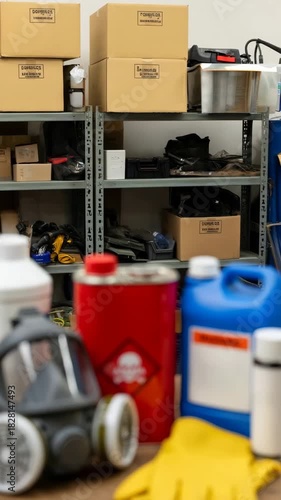 Chemical containers, respirator, and glove show safety equipment for toxic pest control. Chemical hazard and respiratory protection. Vertical video