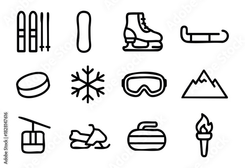Set of winter sports icons in simple bold-line style: skis, snowboard, ice skates, sled, puck, snowflake, goggles, mountain, ski lift, snowmobile, curling stone, torch.