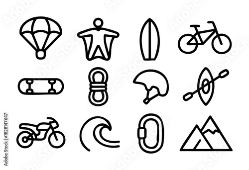 Set of extreme sports icons in simple bold-line style: parachute, wingsuit, surfboard, bicycle, skateboard, rope, helmet, kayak, motorcycle, wave, carabiner, mountain.