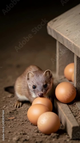 Ferret eating chicken egg as a pest, showing eggs laid on ground and pest problem from small animal damage to farm. Vertical video