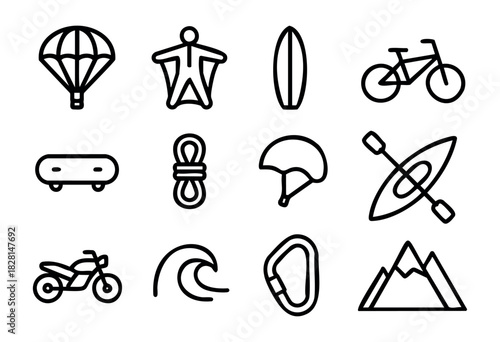 Set of extreme sports icons in simple bold-line style: parachute, wingsuit, surfboard, bicycle, skateboard, rope, helmet, kayak, motorcycle, wave, carabiner, mountain.