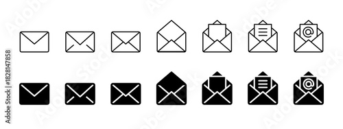 Mail icon set. Closed, open and document envelopes in outline and solid styles vector. Email message set for inbox, contact forms and postal communication tasks sign. Modern notification concept.