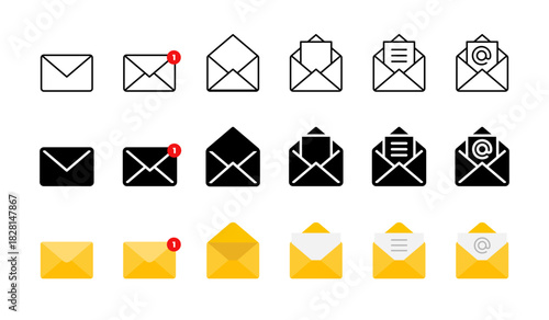 Message icon set. Closed, open and notification envelopes in outline, solid and colored styles vector. Email message set for inbox, documents, contacts and postal communication tasks sign.