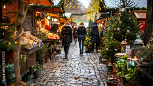 Festive christmas tree market featuring fresh trees adorned with twinkling holiday lights