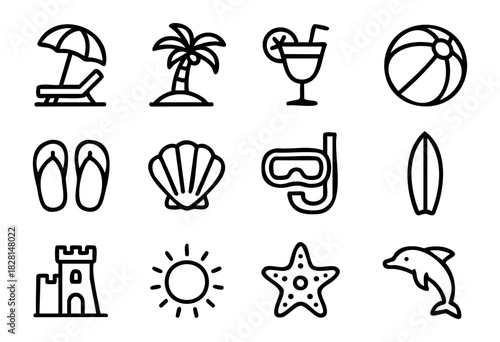 Set of beach and summer icons in simple bold-line style: umbrella, palm tree, cocktail, beach ball, flip-flops, shell, snorkel, surfboard, sandcastle, sun, starfish, and dolphin.