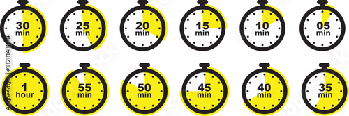 Set of timer clock faces and stopwatch icons. The countdown timer displays hours and minutes. Stopwatch shows intervals ranging from 5 to 60 minutes. Kitchen timer icon with minutes. Vector