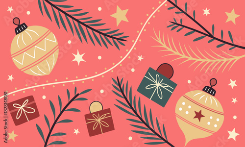 Festive Christmas Ornaments and Pine Branches Seamless Pattern  Holiday Gift Boxes, Stars, Winter Decorations, Cozy Christmas Background Design