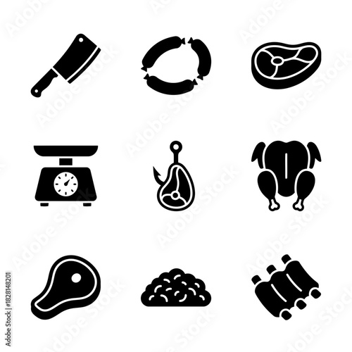 Icon set of meat preparation tools and products in minimalist style