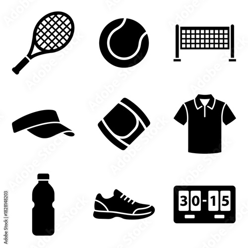 Tennis icon set featuring rackets, balls, and accessories in black