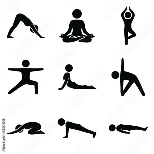 Yoga icon set featuring various poses in minimalist black style