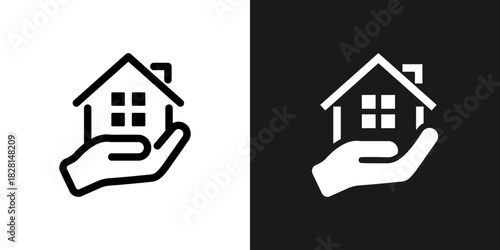 Home icon. Hand holding house vector illustration. Real-estate protection symbol for insurance, mortgage services sign. Safe property care pictogram concept. House logo.
