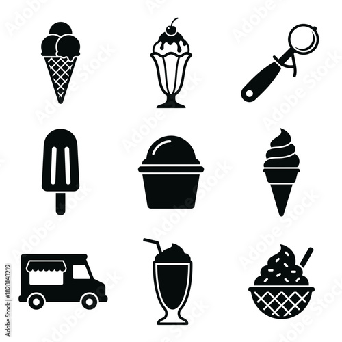 Ice cream icon set in minimalist style with black color scheme