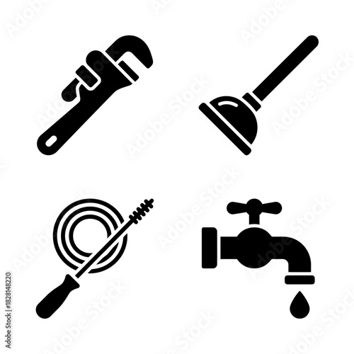 Plumbing tools icon set in minimalist style with black color scheme