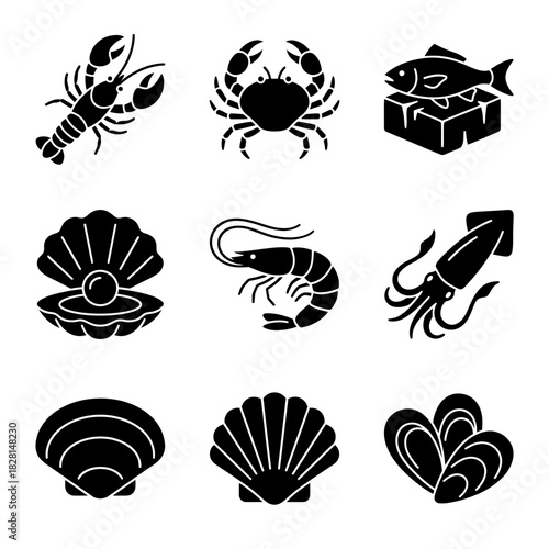 Seafood icon set featuring various shellfish and fish in black style