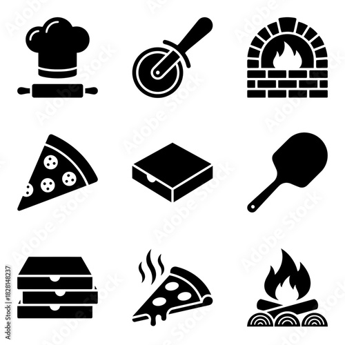 Icon set of pizza making tools and ingredients in minimalist style